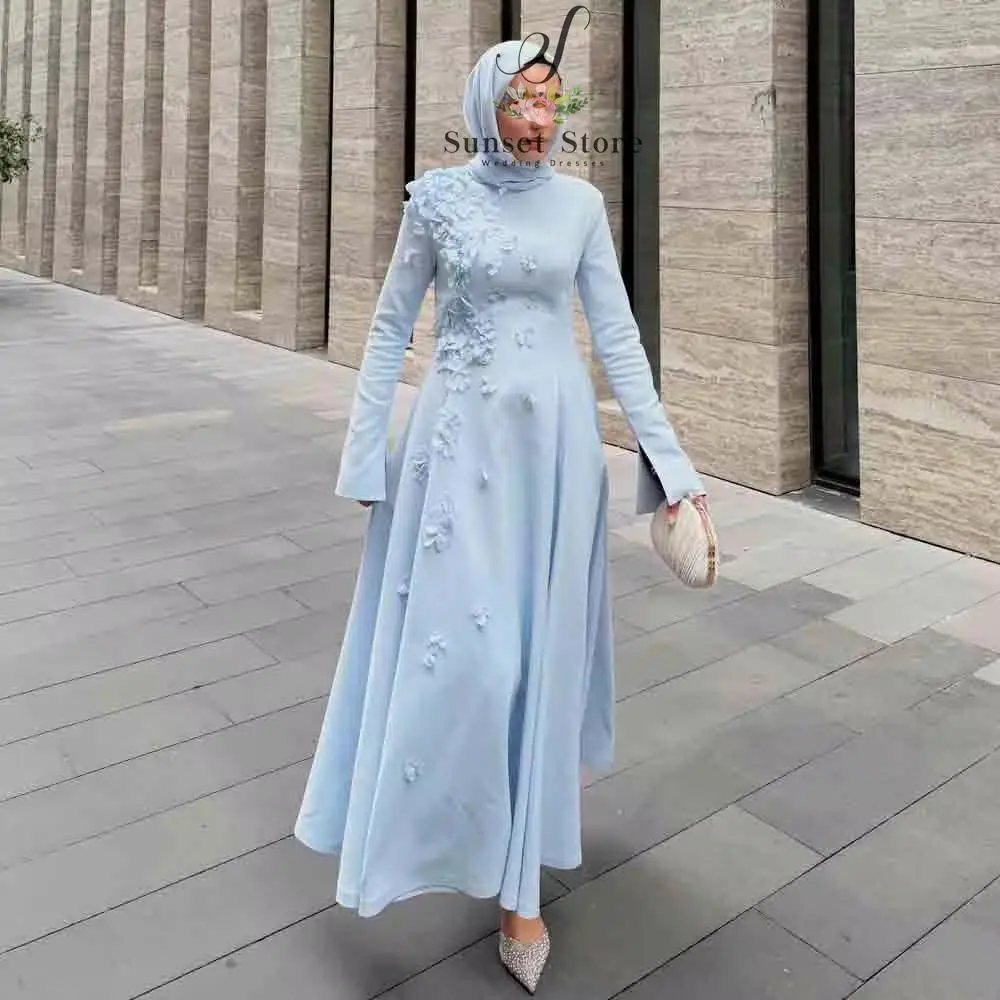 Customized  Modest Abaya Dress High Neck Long Sleeve Prom Gown 3D Flower Applique Flared Formal Maxi Dresses for Wedding Guest