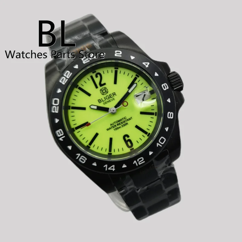 BLIGER New 40mm Men\'s Watch NH35 Automatic Movement Mechanical Wristwatch Black Case Fluorescent Green White Dial Full Luminous