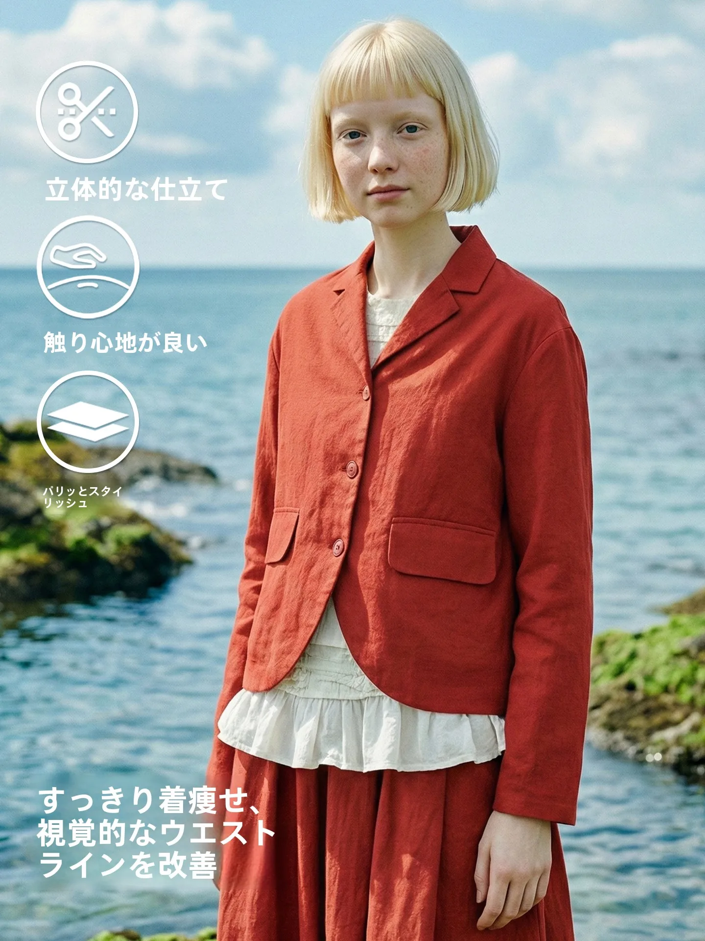 

Matte Red Casual Cotton Suit Jaet Women's Loose Fit Long Sve Single Button Closure Artistic Sle Spring Faion Outerwear