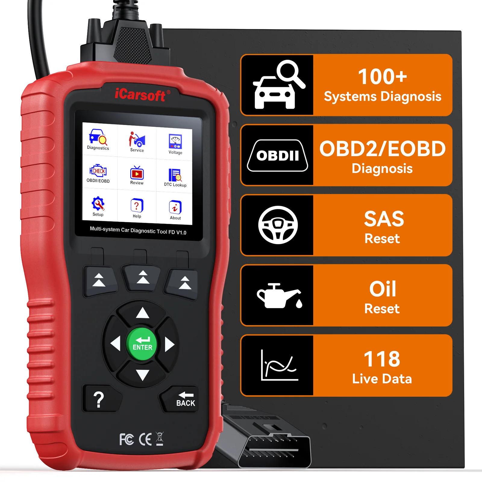 iCarsoft FD V1.0 لصنع المركبات الأمريكية، تشخيص جميع الأنظمة، إعادة ضبط الزيت + إعادة ضبط البيانات المباشرة SAS، تحديث حر لمحرك الوسادة الهوائية ABS