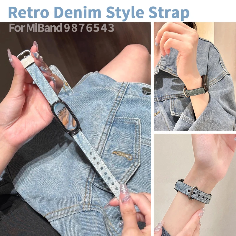 

Retro Denim Style Strap for Xiaomi Mi Band 7 8 9 Replacement Smart Wristband for MiBand 6 5 4 3 Women Jeans Bracelet Accessories