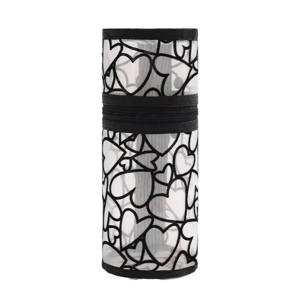 Pencil Case Clear Mesh Storage Bag Love Heart Mesh Mesh Pencil Case Cylindrical Shape Large Capacity Mesh Makeup Pouch Student