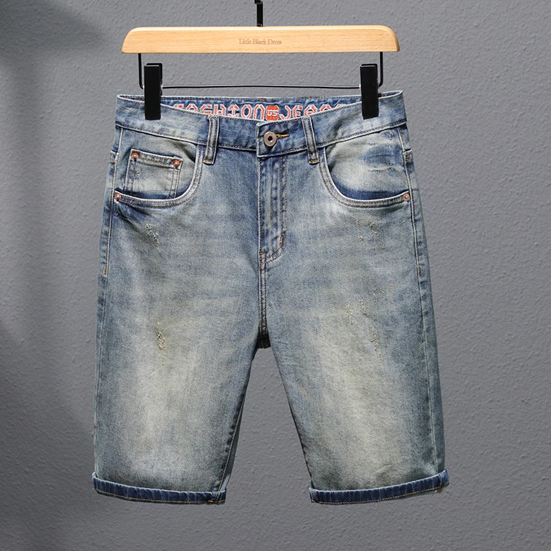 Summer Retro Denim Shorts Men's Loose Straight Stretch Fashion Trendy Casual Korean Street Distressed Cropped Pants