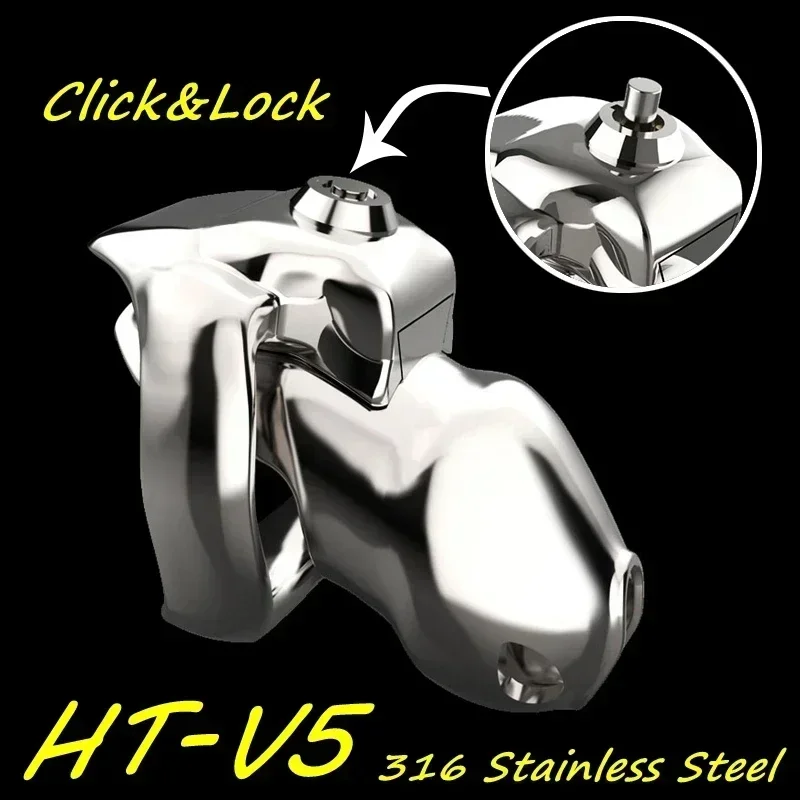 2023 New 316 Stainless Steel Metal HT-V5 Click&Lock Male Chastity Device Cock Cage Penis Ring Belt Fetish Adult Sex Toys