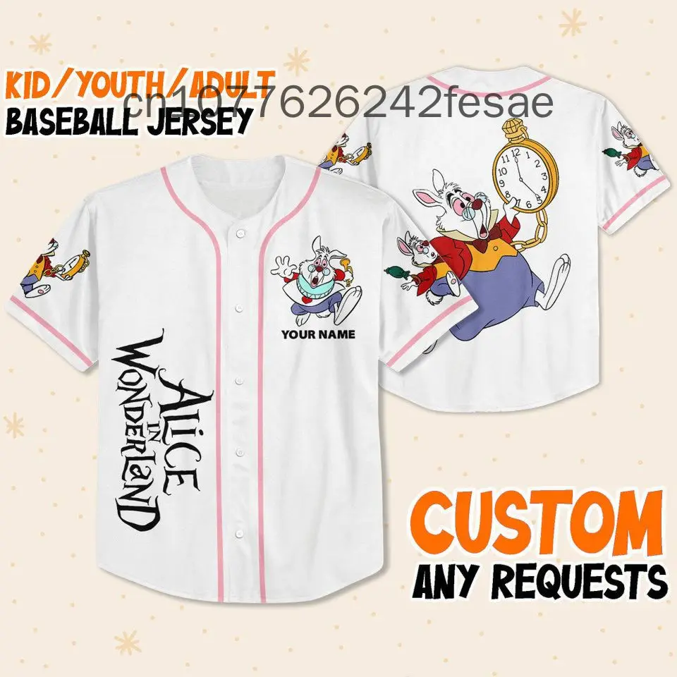 New Custom Disney Alice nel paese delle meraviglie Adventure Simple Baseball Jersey camicia abbottonata manica corta da uomo da donna