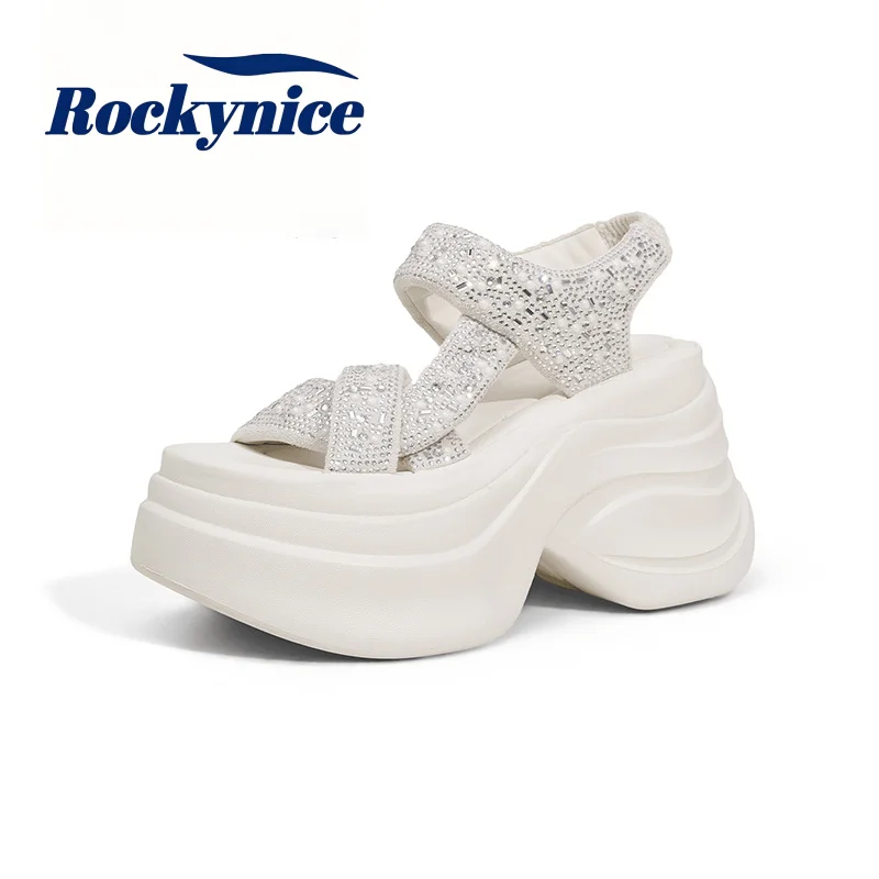 

8CM High Platform Sandals Women Bling Wedge High Heels Summer Rhinestone Chunky Sandalias Casual Beach Slippers Zapatos Mujer