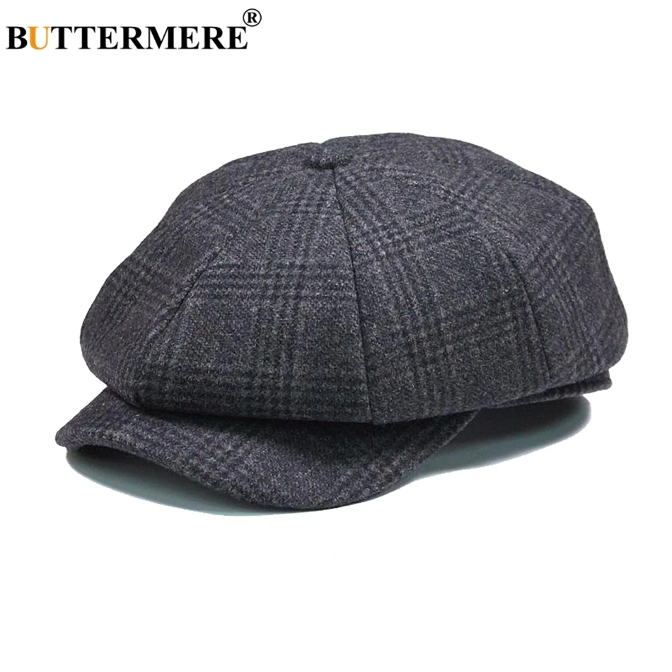 BUTTERMERE Mens Plaid Flat Beret Cap Wool Grey Winter Autumn Vintage Newsboys Hats Male British Cabbie Octagonal  Caps