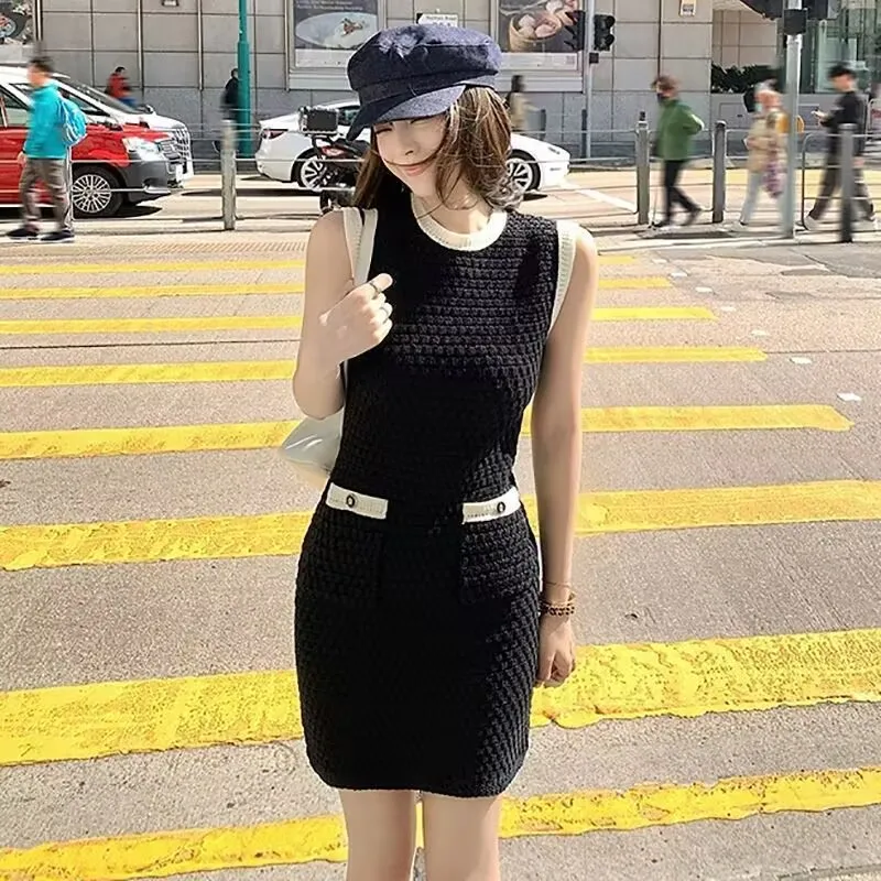 高級パールバタフライパーティードレス 夏 クルーネック ノースリーブ アイスシルクニットプルオーバーベスト Aライン カジュアルショートドレス レディース