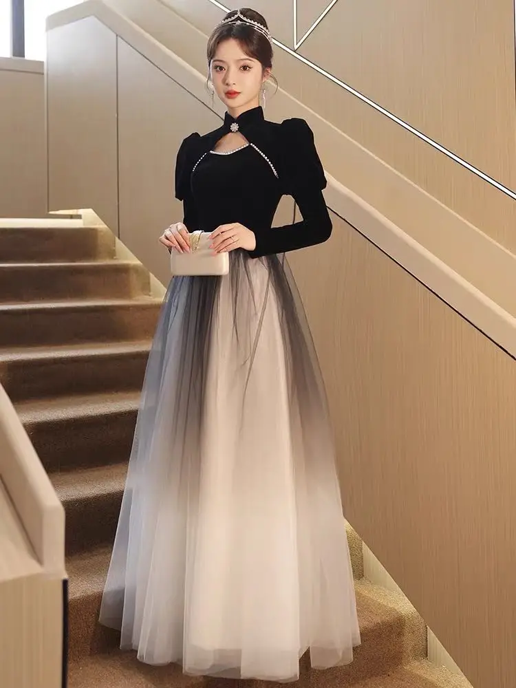 

Black Gradient Mesh Evening Party Dresses A-line Elegant Velvet Long Sleeve High Neck Vestido de Festa Prom Gown вечерни