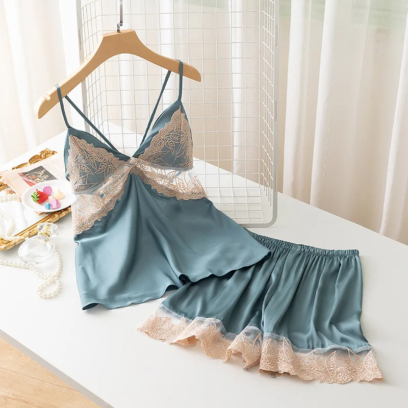 Female Satin Nightwear Two Pieces Camisole Sleep Set Lace Patchwork Strap Pajamas With Shorts Summer Home Clothes Thin Sleepwear