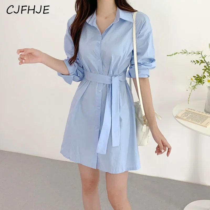 CJFHJE Primavera Moda Versátil Lace Up Camisa Feminina Vestido Coreano Gola Flip Único Breasted Mulheres Vestido Clássico de Manga Comprida