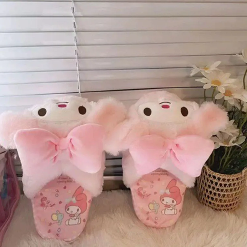 

My Melody Kuromi Hello Kitty Cartoon Girl Slippers Cute Fleece-Lined At Home Non-Slip Keep Warm Baotou Cotton Slippers Sisters
