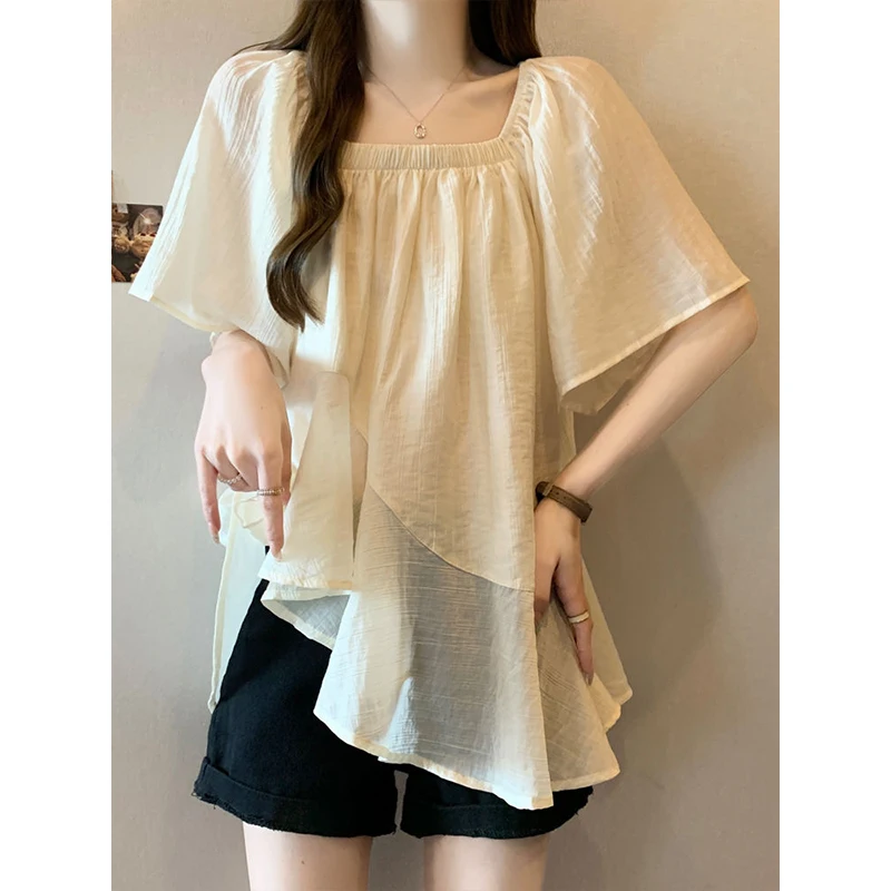 French Style Irregular Super Fairy Short Sleeves Cotton Linen Shirt for Women\'s Summer New Loose Slimming Belly Covering Top