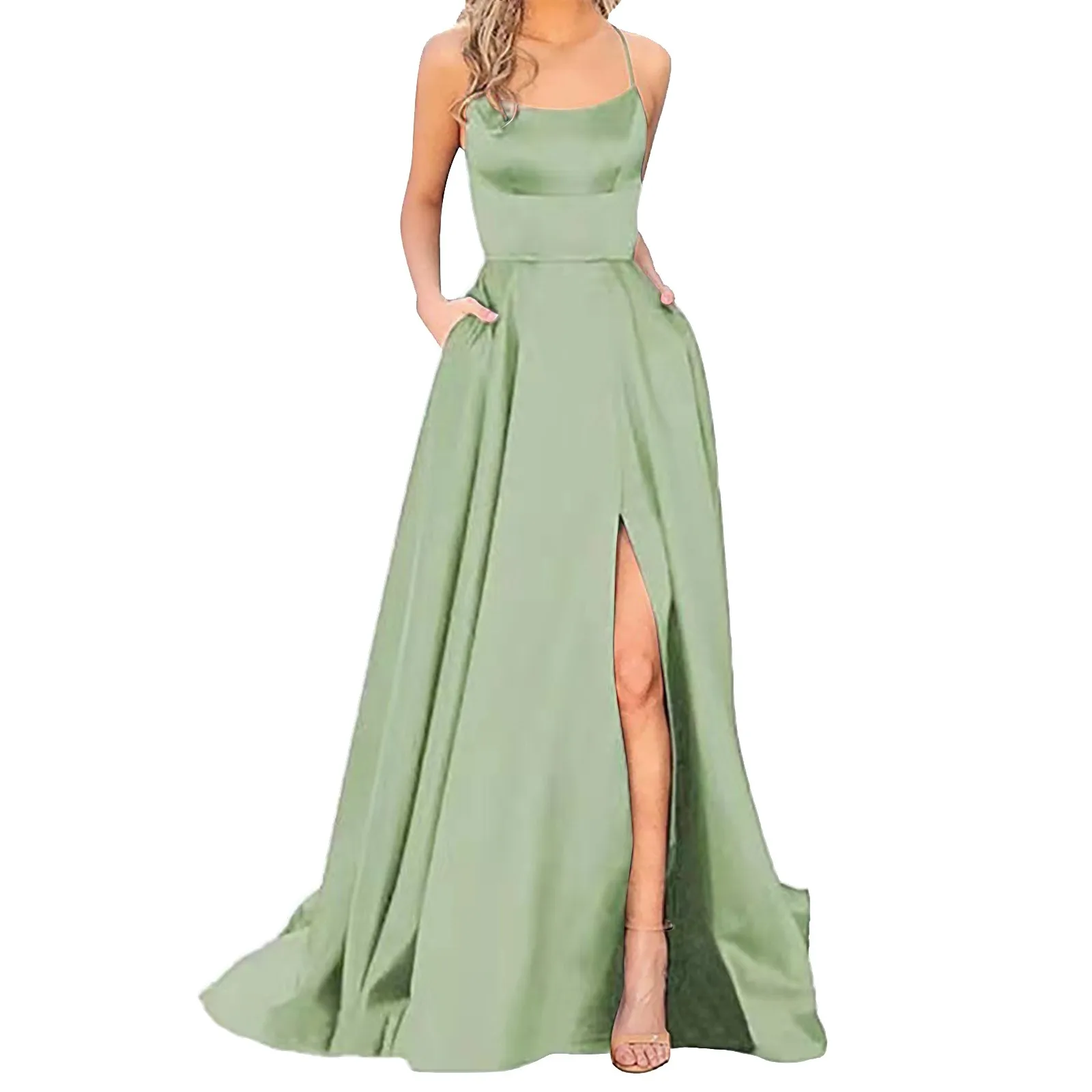 Elegant Gentle Mint Green Purple Wedding Dress  Ladies Slim Fit Waist High Slits Satin Long Dress Evening Ball Gown For Women