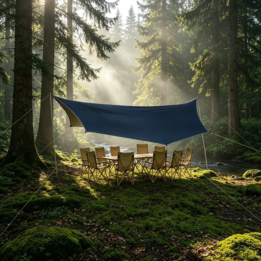 Große achteckige Campingplane 5,1x5,1m, silberbeschichtet, wasserdicht, Sonnenschutz (mit 2,8m Stangenset / 17x17ft Planenmaterial) – Detail 4
