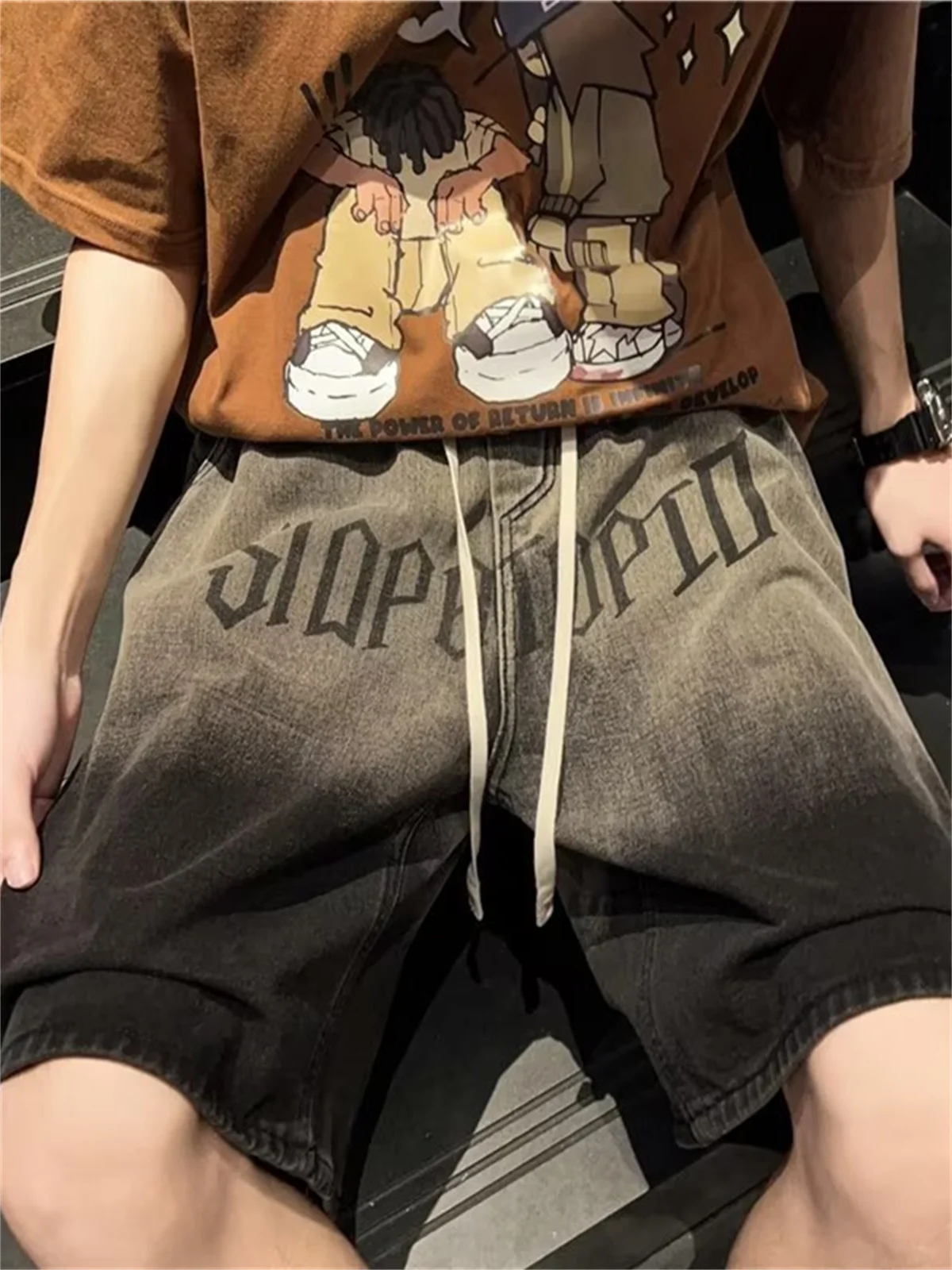 

aduated Bla Denim orts Men's American Print Vintage Rusted Trendy Loose Casual Five-Point Men's Jeans Summer Faion