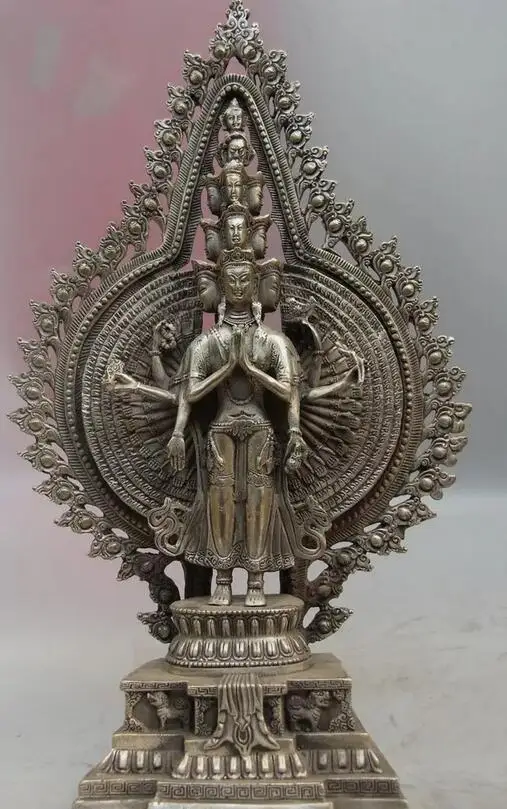 Tibet Old White Copper Silver Kwan-yin Avalokitesvara Guanyin Bodhisattva Statue