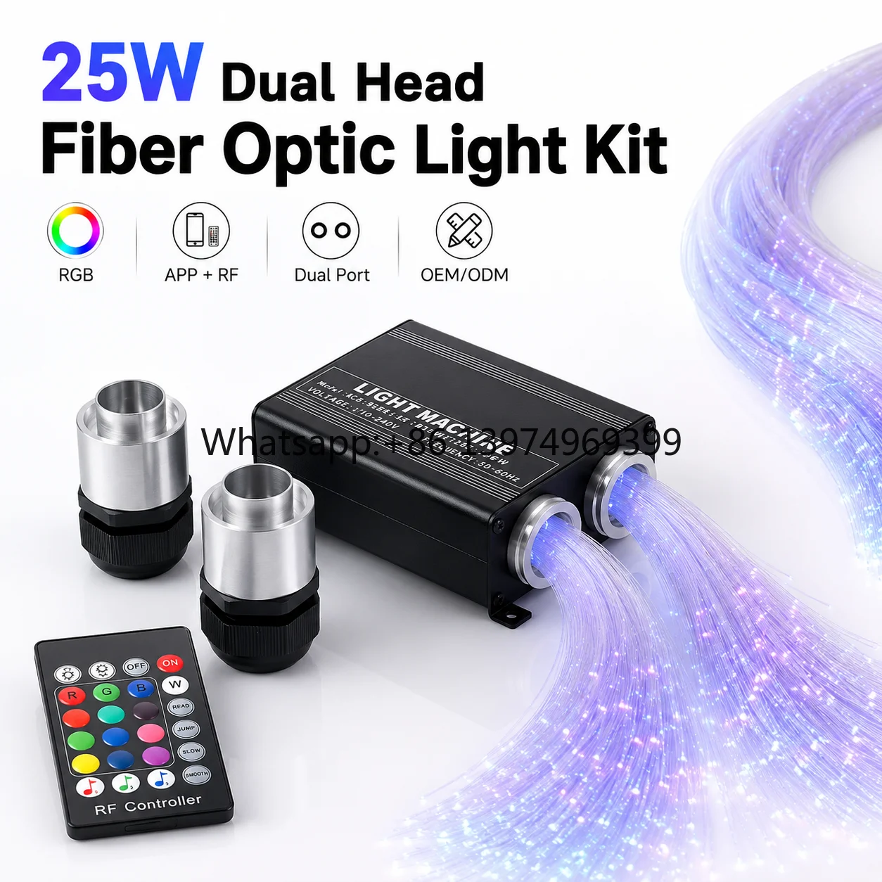 25W Dual Head Fiber Optic Star Ceiling Light Kit RGB LED Light Engine with APP RF Remote Control