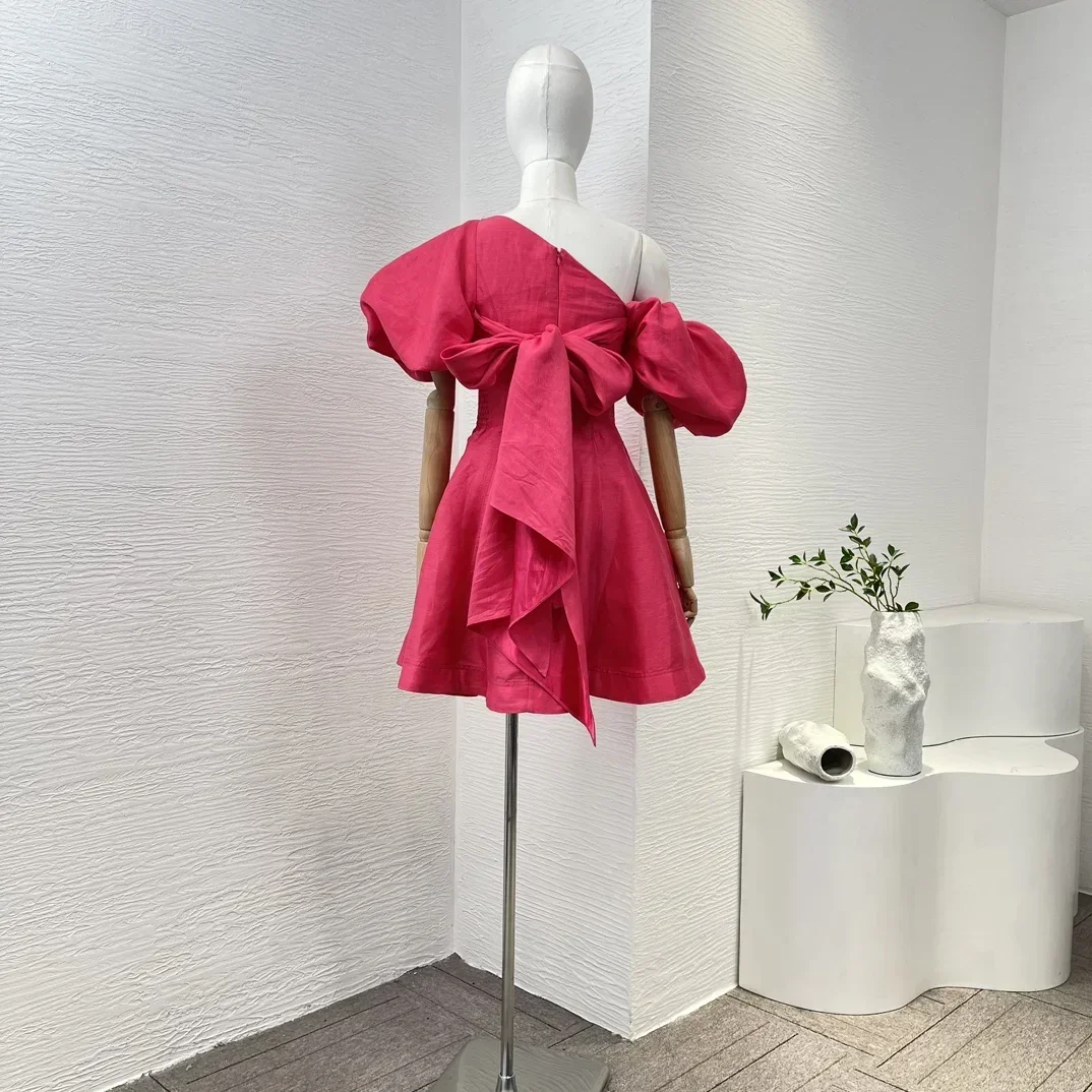 Newest Summer Top Quality Green Rose Red Slant Collar Self Tie Back Short Sleeve Mini Dress for Women