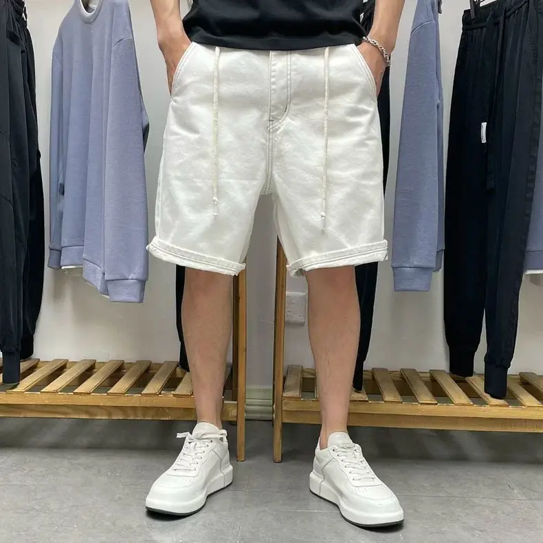 Men's White Denim Shorts Casual Loose Fit Straight Leg 5 Inch Inseam Mid Length Pants American Style Summer Streetwear
