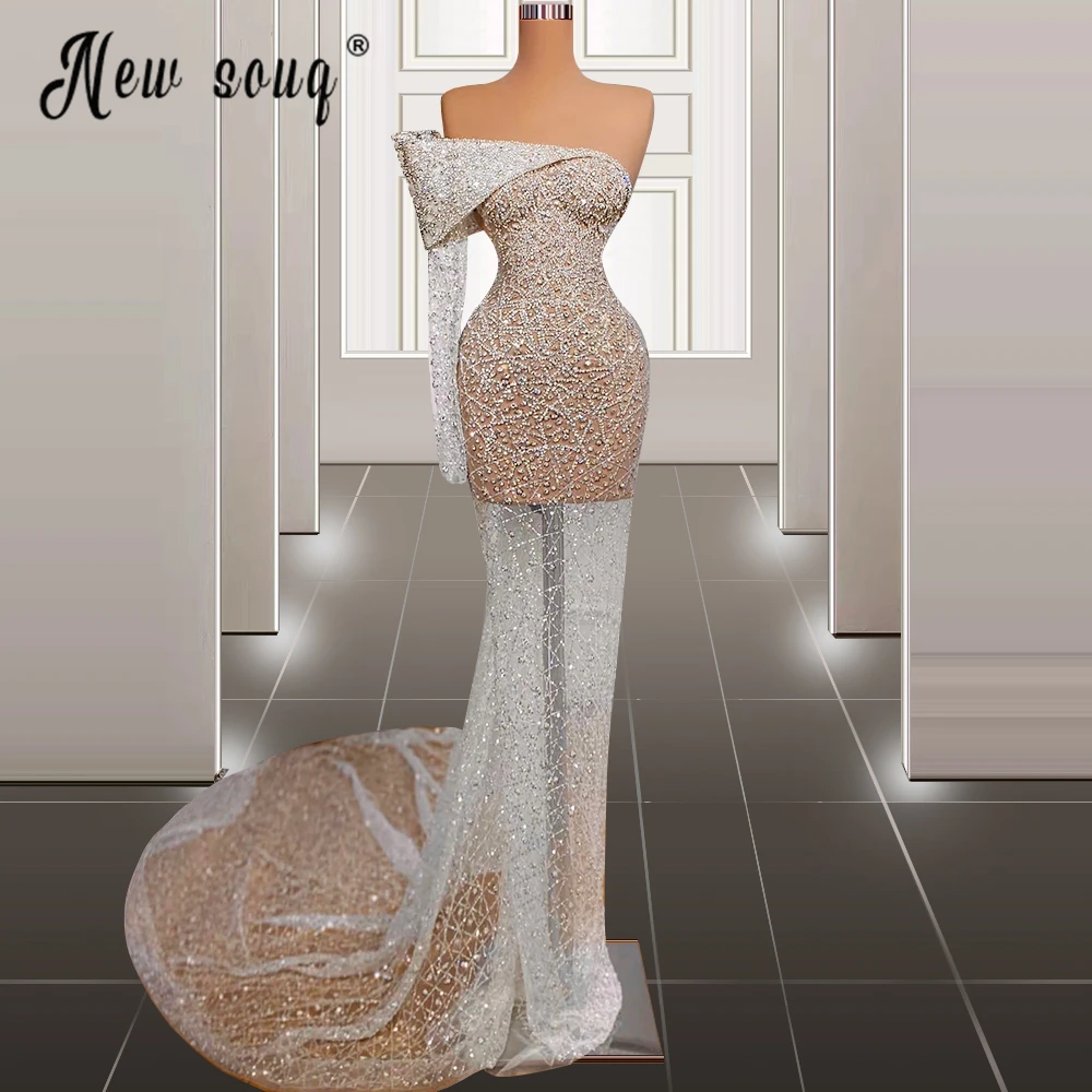 Sparkly Mermaid ชุดราตรีดูไบหนึ่งไหล่ Sexy Prom Gowns สำหรับงานแต่งงานของผู้หญิง2023หรูหราลูกปัด Robe De Mariée