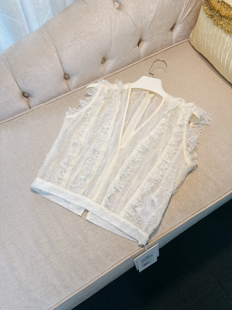 

Кружевной топ Ele V-ne Lace Sve Slim Fit из полиэстера Me Splicing Faionable Pure Color Commute Sle ort Length Без пуговиц