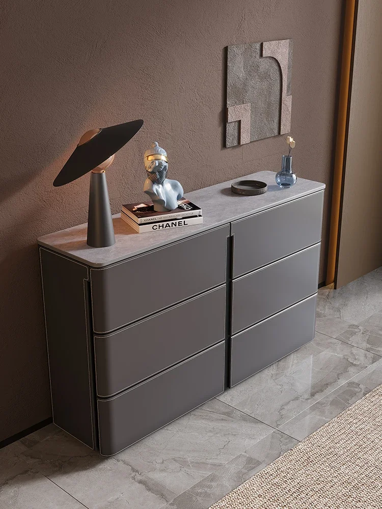 Stone Plate Italian Minimalist Saddle Leather Cabinet High-End Cabinet