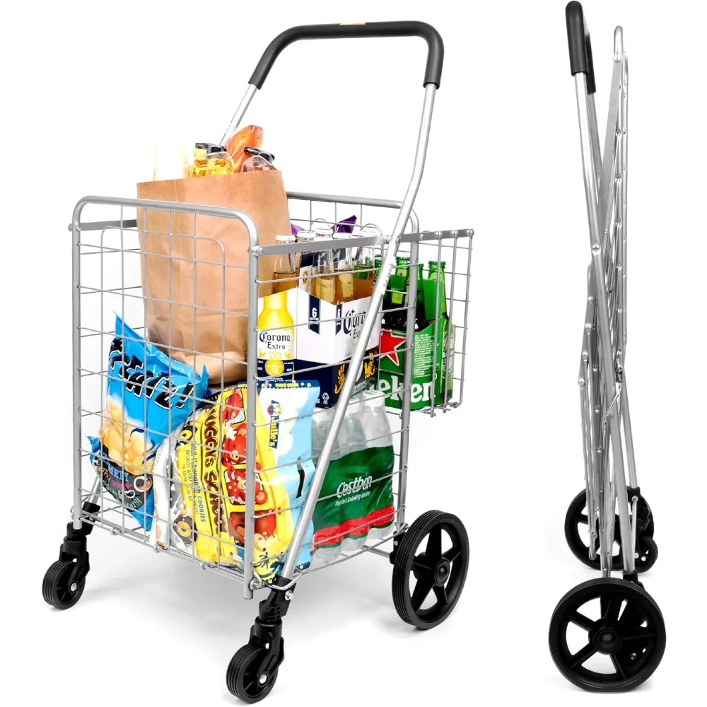 

Grocery Utility Shopping Cart - Deluxe Folding Cart with Double Basket and 360° Rolling Swivel Wheels 66 lbs Utility Cart