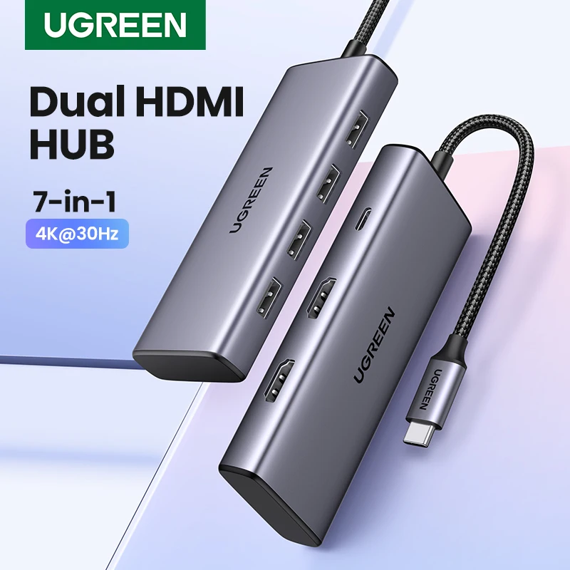 

UGREEN Dual HDMI USB C HUB 7-in-1 Type-c to 4K HDMI PD 100W USB3.0/2.0 for Laptop Macbook Pro Air Docking Station USB Splitter