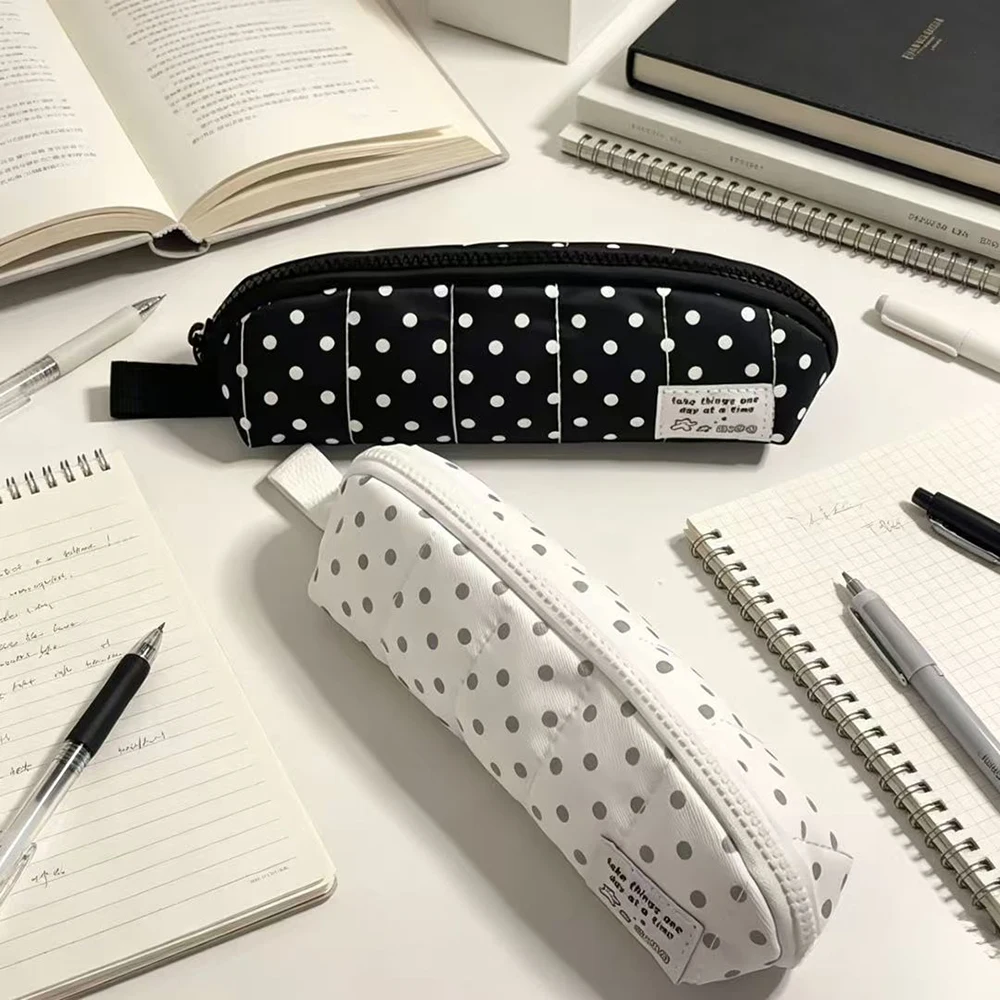 Korean white polka dot pencil case, ins minimalist student pencil case, portable handheld stationery storage bag