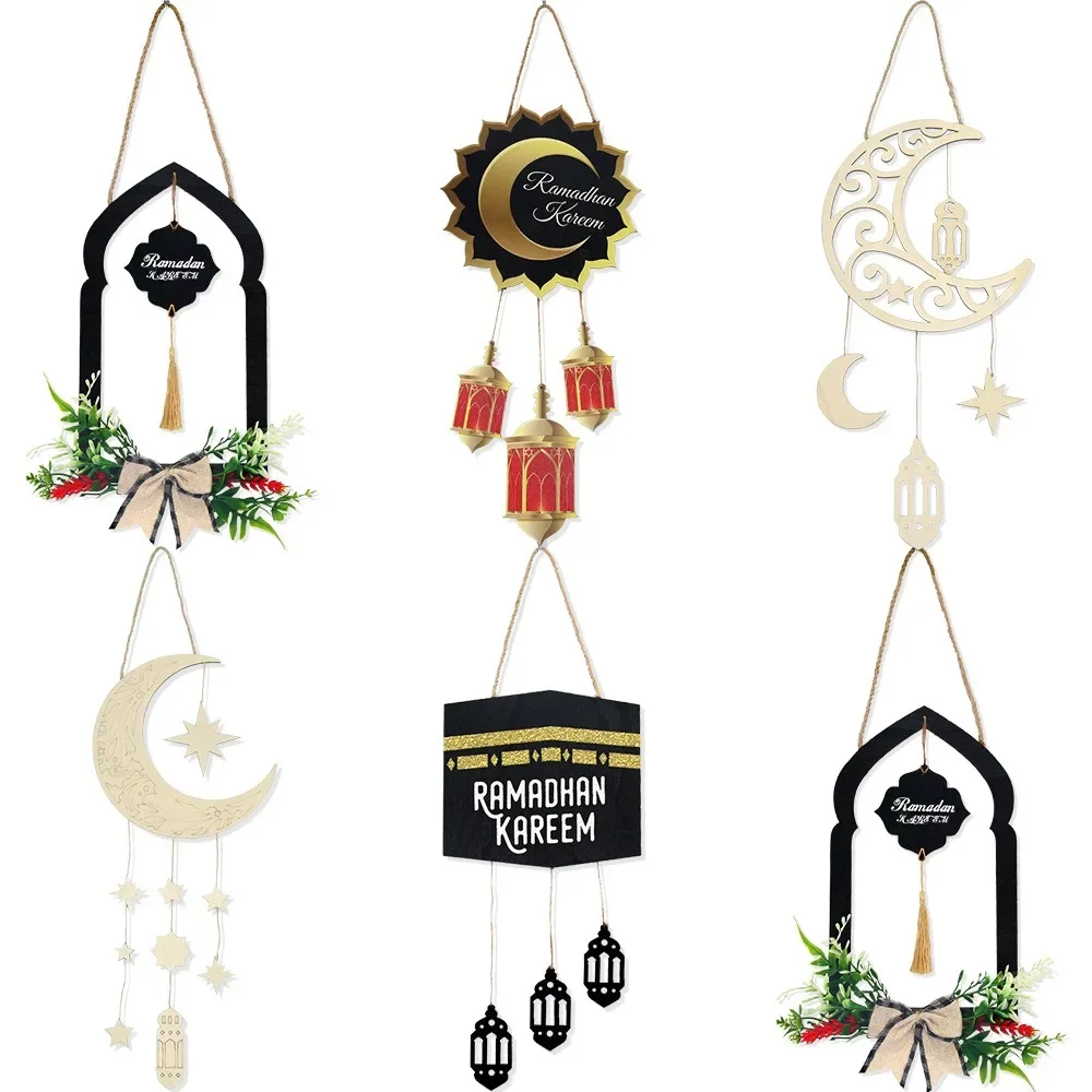 2025 Eid Mubarak Wooden Door Hanging Pendants Muslim Ramadan Kareem Moon Star Drop Ornaments Happy Eid Mubarak Party Decor