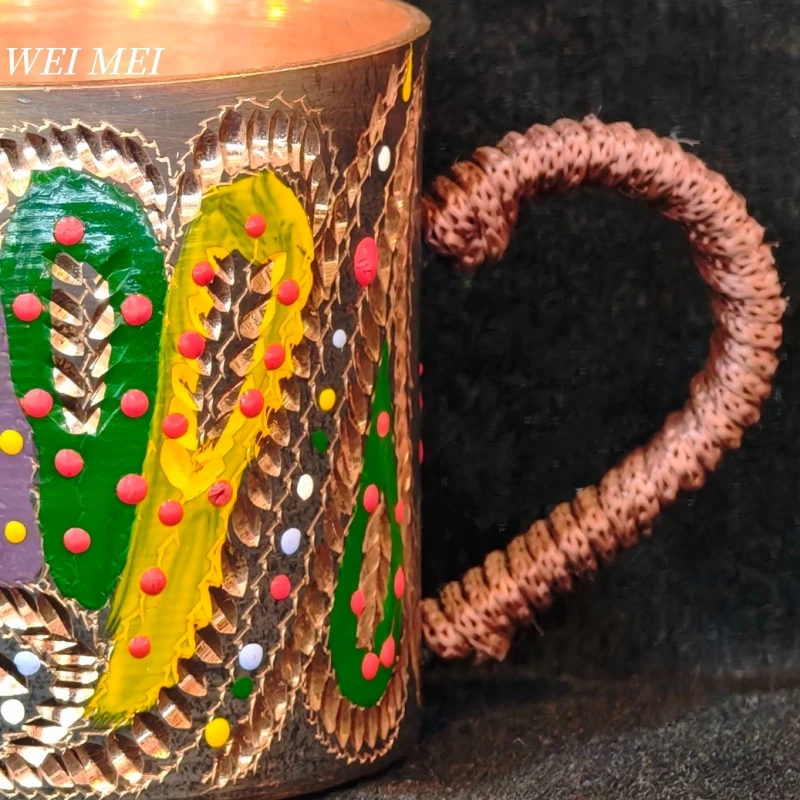 Taza de café pintada con estampado tallado a mano de cobre puro, mango tejido con vajilla de taza de jugo de regalo de arte único de estilo Vintage