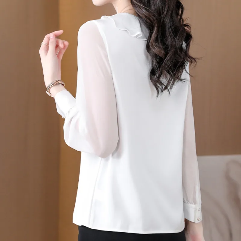 #2535 Summer Black White Office Chiffon Blouse Women Regular Fit Thin Elegant V-neck Ruffles Womens Tops And Blouses Long Sleeve