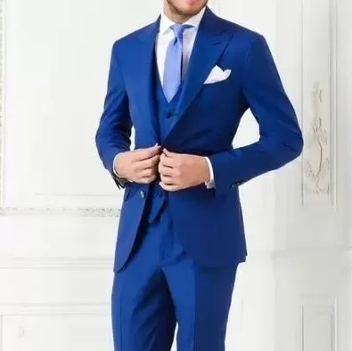 

Blue Mens Suits For Wedding 3 Pieces Costume Homme Wedding Groom Tuxedos Groomsmen Business Prom Suits Slim Fit Blazer Vest Pant