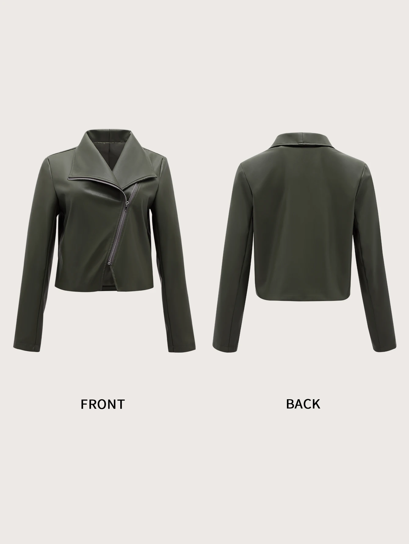 Fashion Women Soild Green Color Faux PU Leather Jacket Casual Lady Lapel Zipper Short Leather Jacket High Street Motorcycle Coat