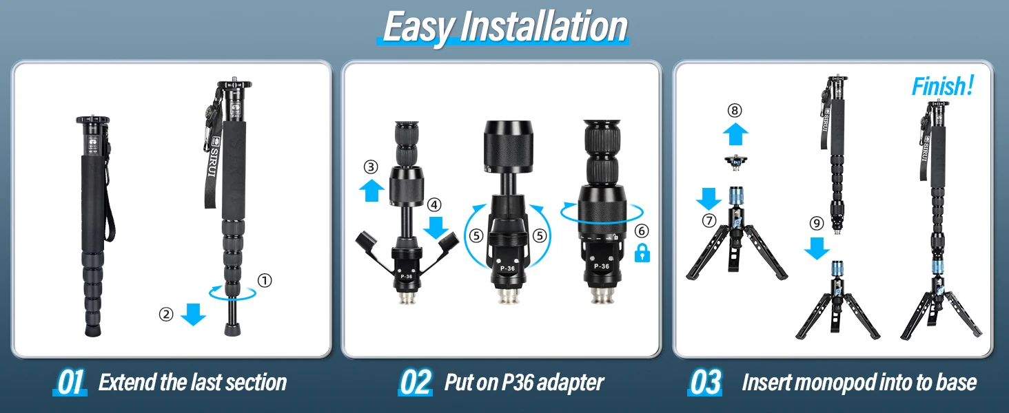 SIRUI P-36 Stativ-Set, Aluminium-Stativbasis und Adapter für ein SIRUI P-306/326 Einbeinstativ – Detail 6
