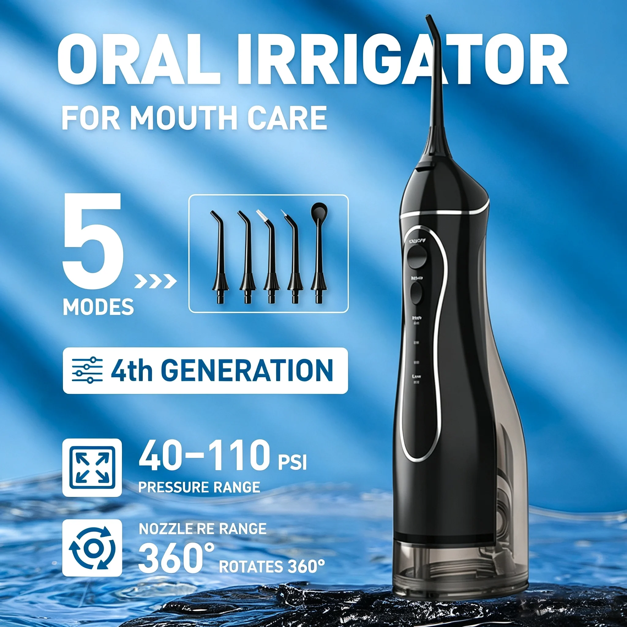 Rechargeable Oral Irrigator C102 Cordless Water Flosser 300ml Tank 4 Settings IPX7 Waterproof 2000mAh