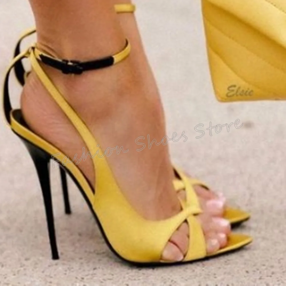 

Yellow Cross Strap Ankle Buckle Sandals Pointed Toe Thin High Heels High Heel Shoes for Women Heels 2025 New Zapatos Para Mujere