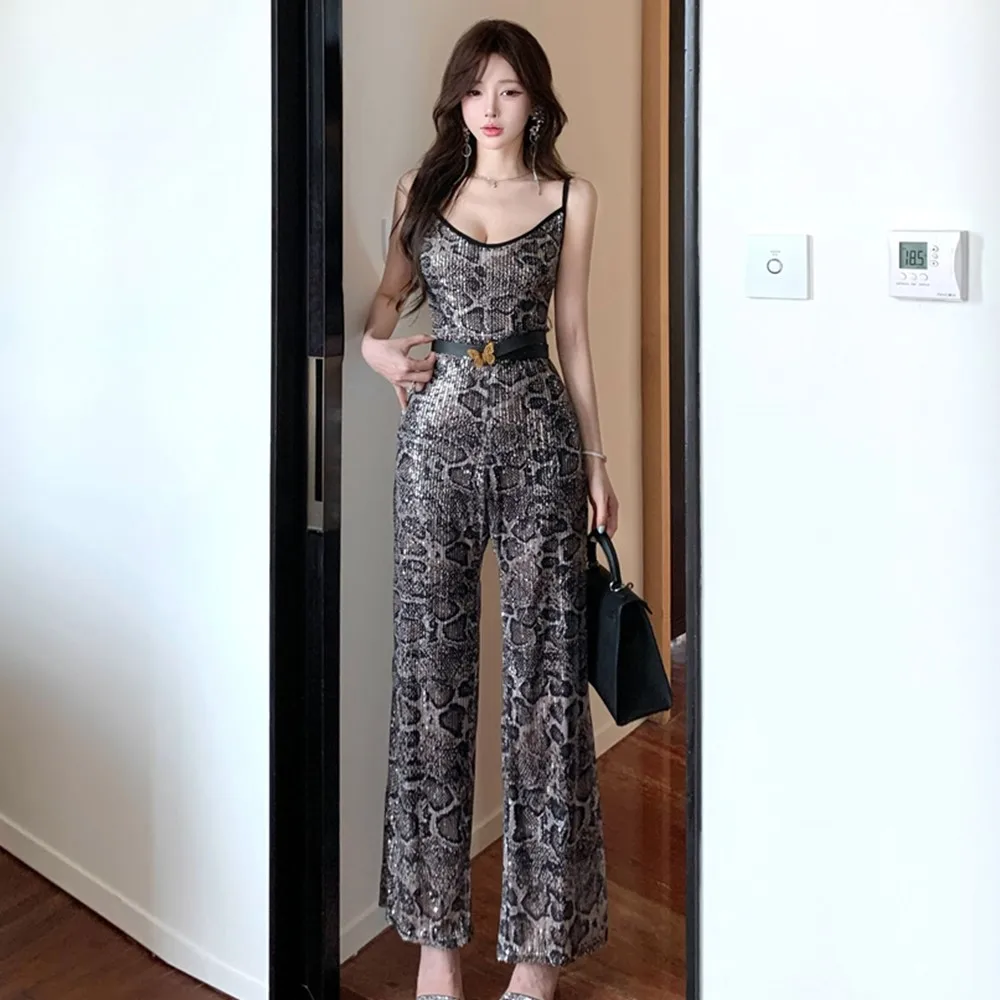 iny Sequin Slimming V-Ne ter One-Piece Summer New Design High Waist Wide Leg One-Piece Suit Polyester Fiber Long Pants