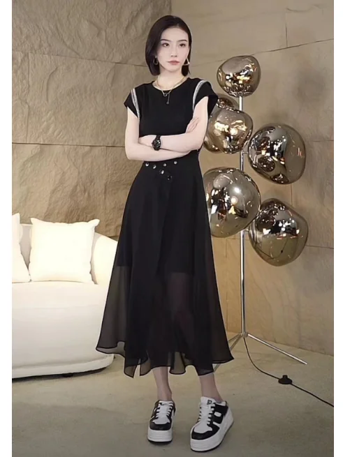 Elegant Black Two-Piece Set Women's Fashion Summer 2026 Waist-Cinching Dress High-Quality Sensation Unique Style Midi Dress