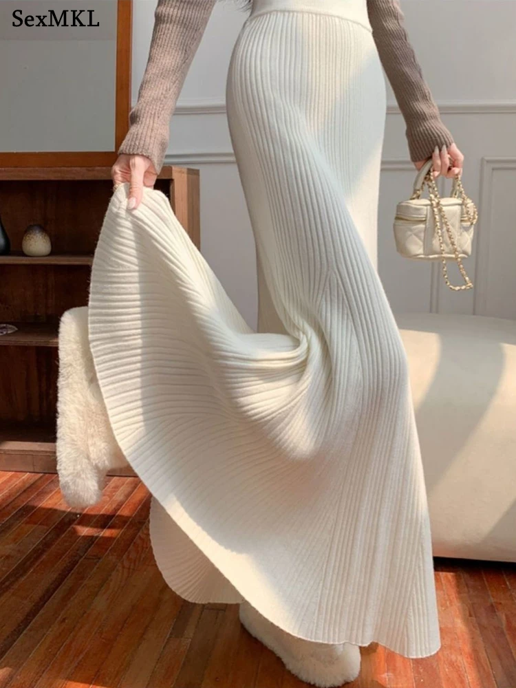 

Winter Knitted Black Long Skirts Women Streetwear High Waist Y2k Clothes Oversized Falda Sexy Knitwear Mid Length Midi Skirt