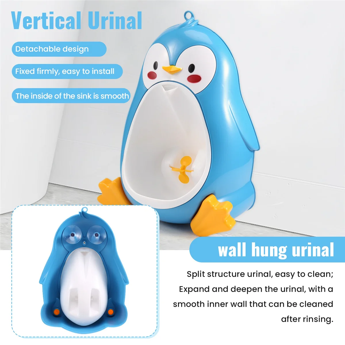 Orinal de entrenamiento de pingüino para niños, urinario Vertical, montado en la pared, azul