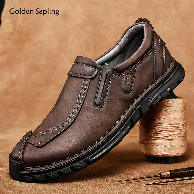 Golden Sapling Retro Men's Casual Shoes Genuine Leather Men Loafers Handmade Sewing Flats Leisure Work Shoe Classics Moccasins