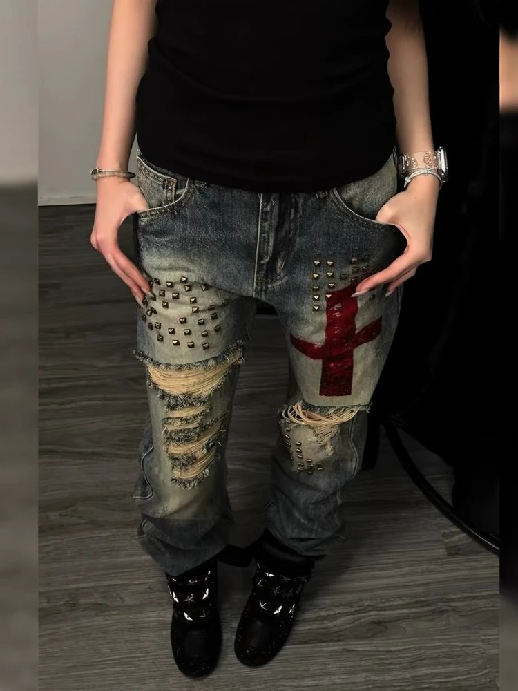 Vintage Grunge Faded Denim Gothic Jeans Cross Patch Straight Leg Pants Y2K Punk Gothic Streetwear Casual Trousers Female Daily