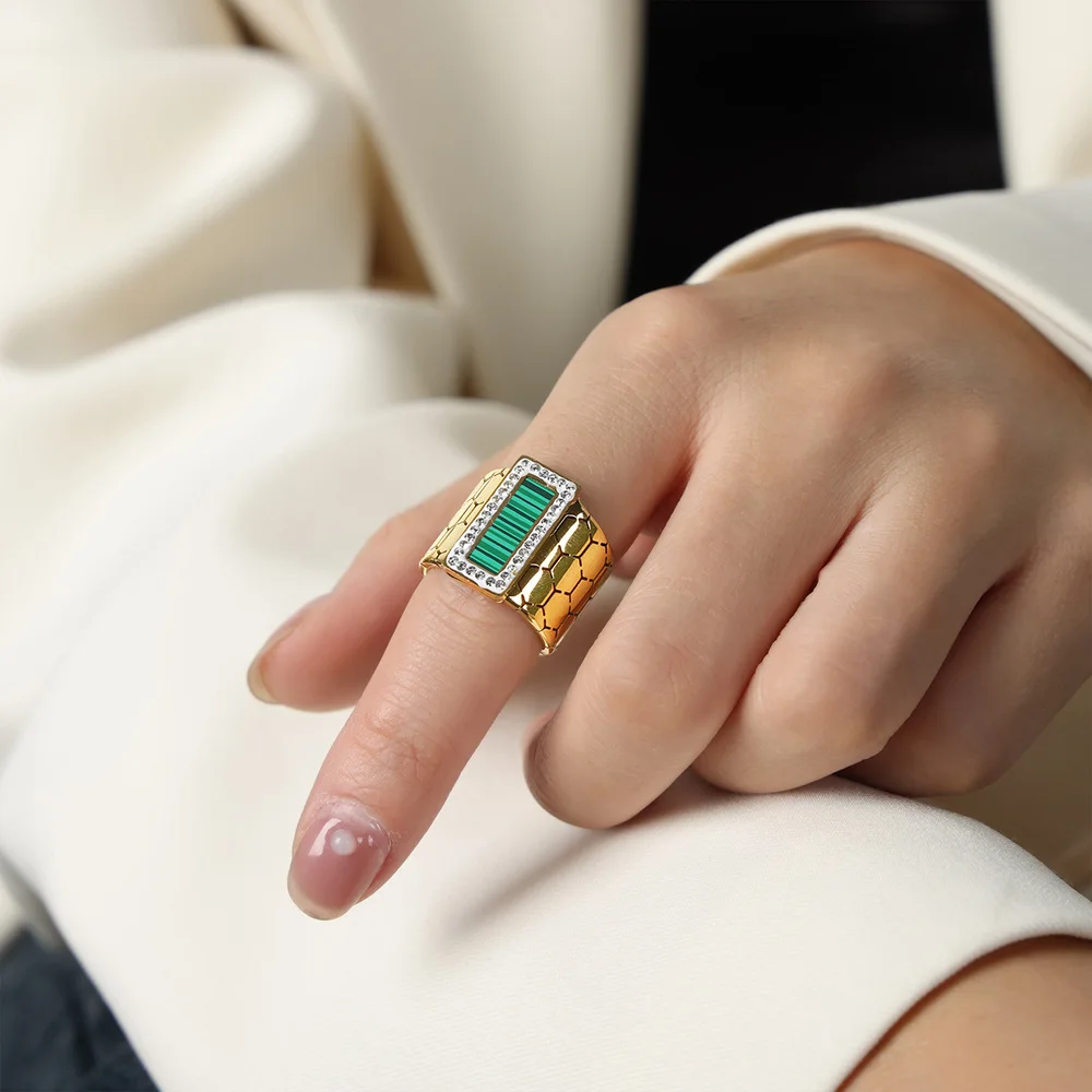 Luxury Stainless Steel Ring for Women Black Acrylic Turquoise Square Crystal Ring Girl Punk Accessories Fashion Jewelry Gift