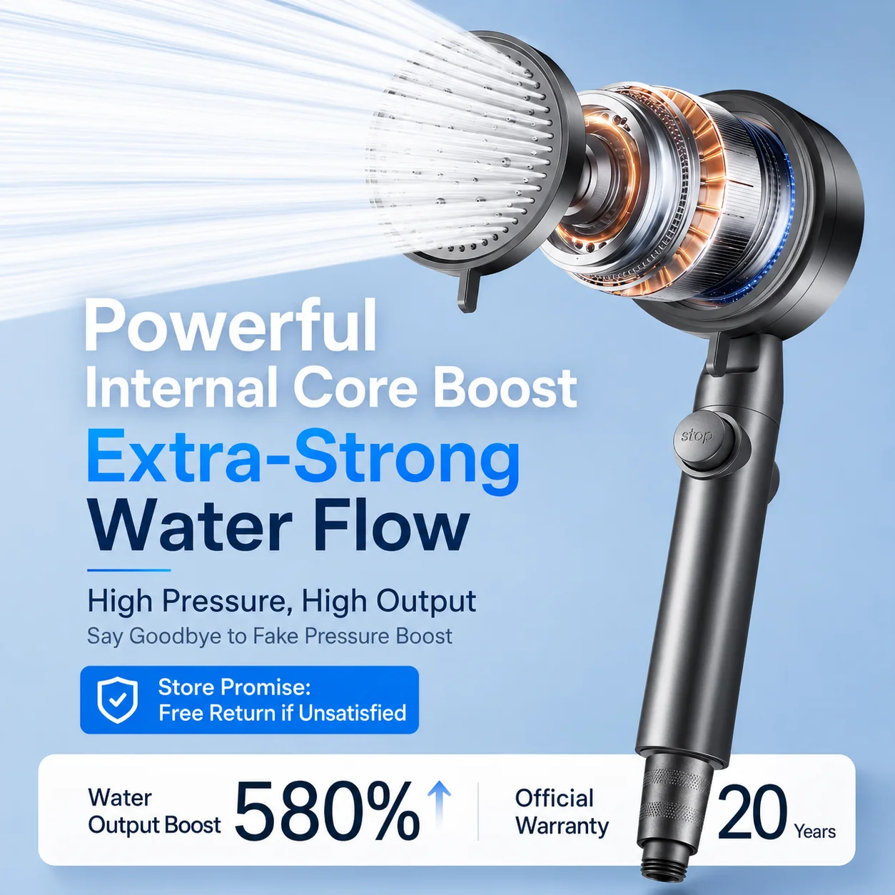 High Pressure Shower Head Handheld Large Panel Rainfall Showerhead with One-Key Stop Water Saving for Bathroom Accessories view 3