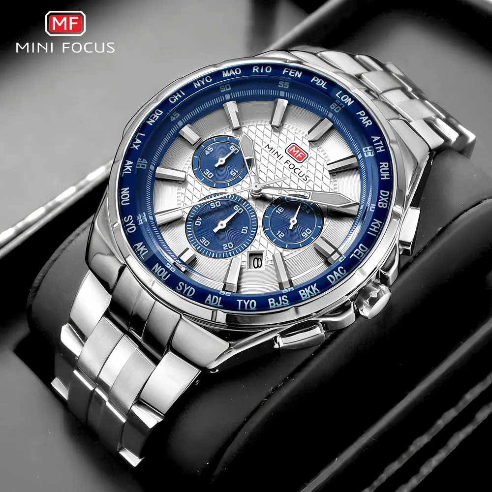 MINI FOCUS Fashion Casual Quartz Watch for Men Multifunction Wristwatch with Luminous Hands Steel Band Chronograph Calendar Date