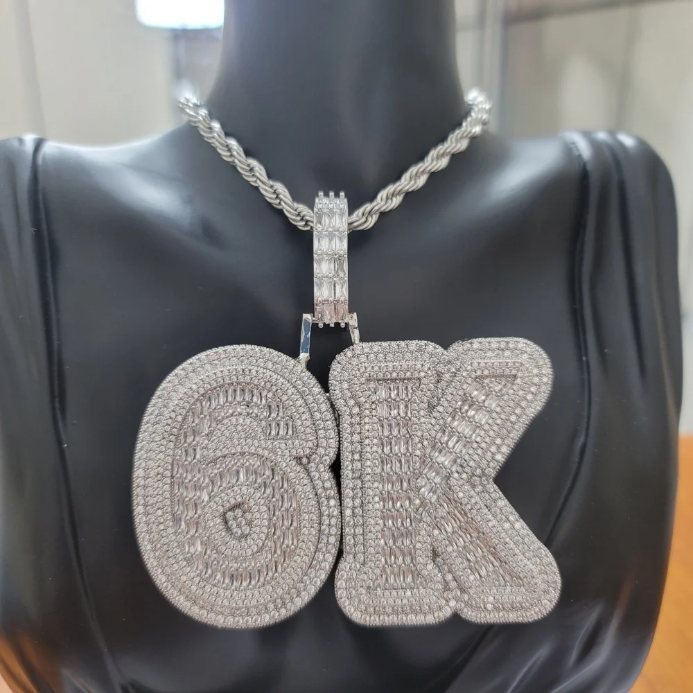 

Custom Big Baguettecz Initial Letter Name Pendant With Rope ChainNecklace Micro Paved Out Cubic Zirconia Chain Hiphop Jewelry