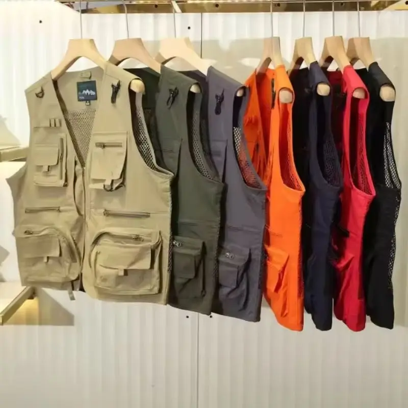 

Летний мужской повседневный жилет, однотонный сетчатый жилет с несколькими карманами в стиле пэчворк, дышащий жилет без рукавов для кемпинга, рыбалки, фотографии, топ