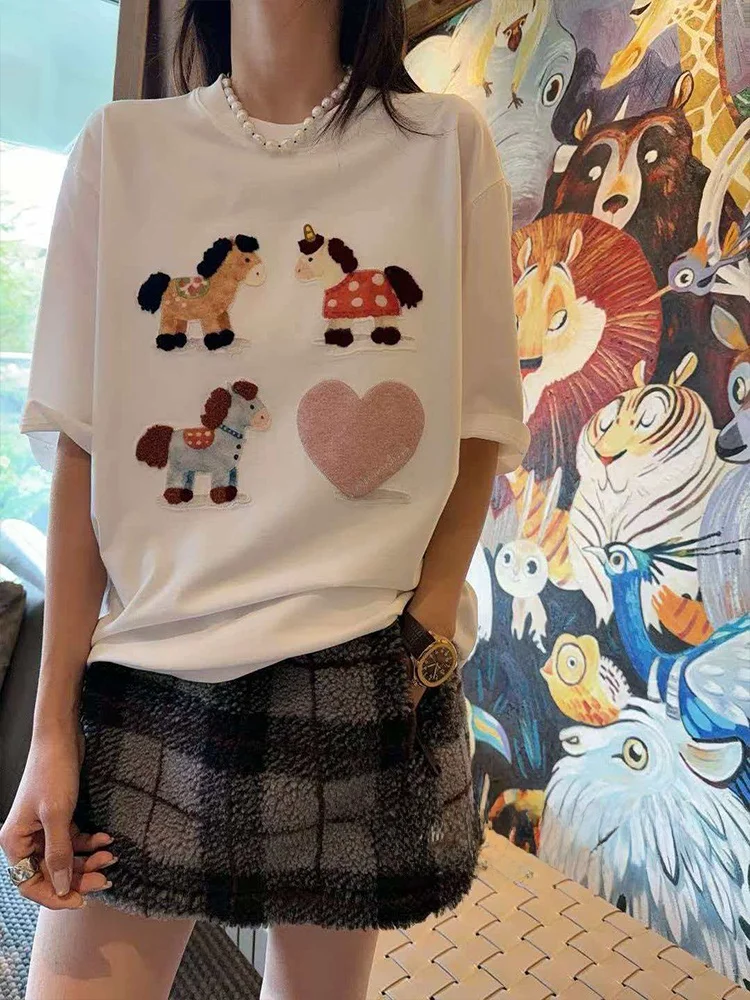 

Loose ort Sve T-irt Women's Cute Pattern Casual Sle Versatile Top Agel Design Chinese Brand Faionable Lad...